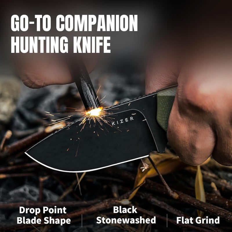 KIZER Beaver Fixed Blade Knife with Sheath, 2.75" D2 Blade EDC Camping Fixed Blade Knife with Olive Green G10 Handle, Small Bushcraft Survival Knives, Outdoor Hunting Knives for Men Women, 1078A1 - Image 2